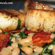 Scallops Over Spinach, Beans, and Bacon
